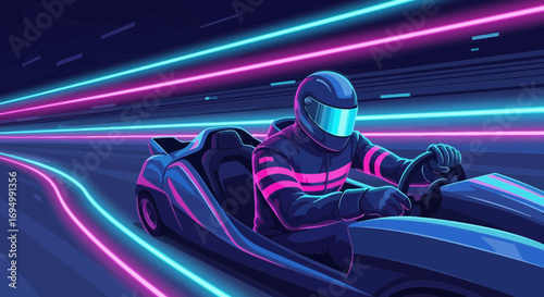 Retro futuristic racing scene with a driver in a sleek car under neon lights