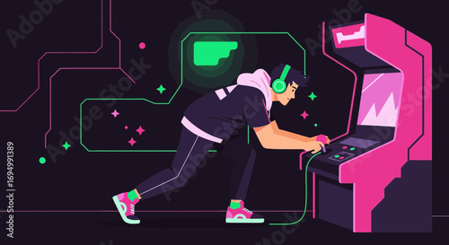 Retro gaming experience featuring a focused young gamer in a vibrant arcade setting