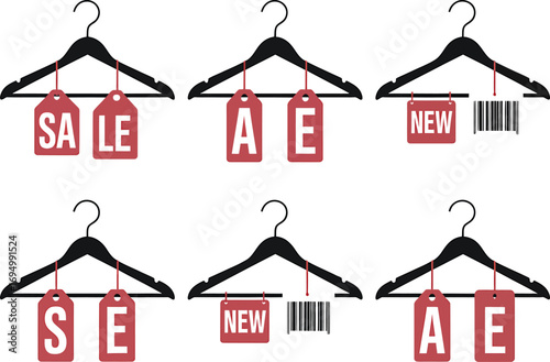 Retail sale and new product tags on clothes hangers