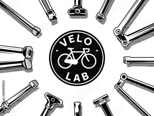 Vintage bicycle parts arranged around a circular logo