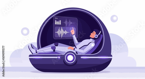 Robot in futuristic relaxation pod managing digital audio waveforms interface