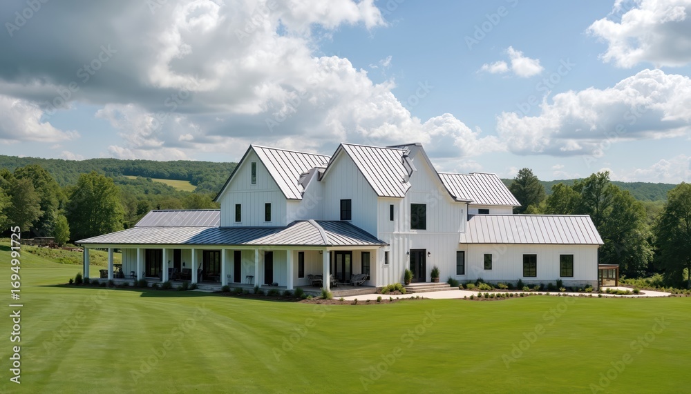 Fototapeta premium Modern white farmhouse estate in Tennessee features rolling green pastures, private recording studio. Contemporary architecture with metal roof, expansive porch defines this luxury rural residence.