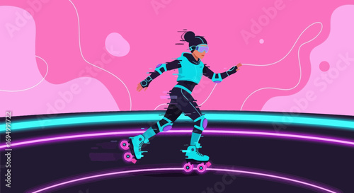 Roller skating girl in neon world, futuristic sports concept illustration