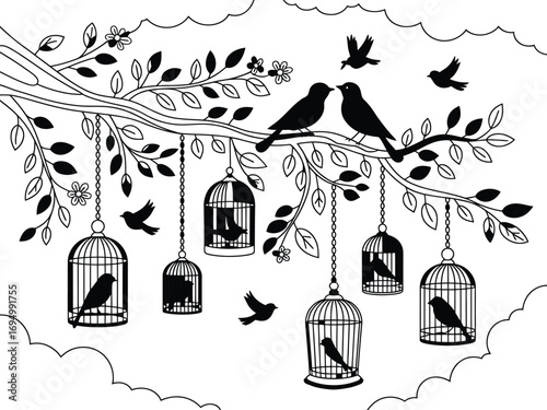 Whimsical illustration of birds and birdcages hanging from a tree branch