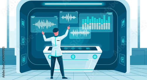 Scientist Analyzing Audio Waves in a Futuristic Laboratory Setting Depicted in a Flat Design