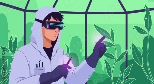 Scientist in VR Inspecting Plants in a Greenhouse for Future Agriculture Technology