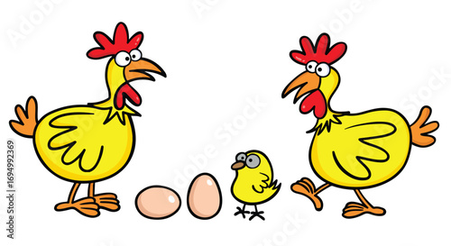 Funny Crazy Cartoon Chickens vector Illustration Set