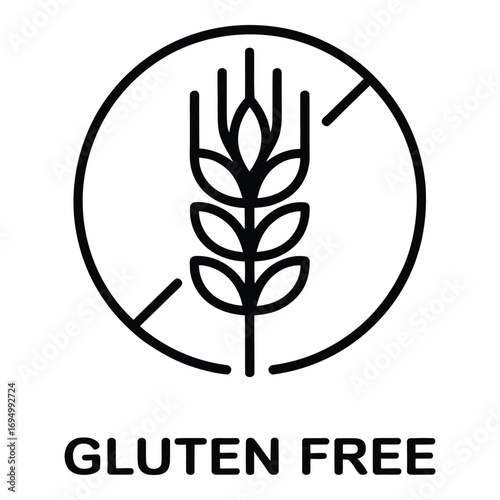 Gluten free symbol in a circle with a crossed out wheat stalk representing dietary restrictions and food allergies silhouette