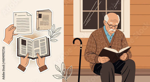 Senior enjoys quiet time reading alongside educational resources in cozy setting