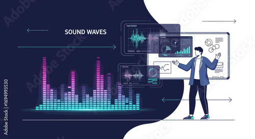 Sound wave analysis and presentation by business professional with data insights