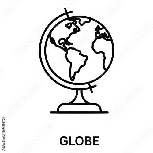 A simple line drawing of a globe on a stand depicting continents and latitude and longitude lines silhouette