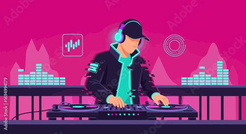 Stylish DJ in action creating vibrant music beats with modern digital turntable setup