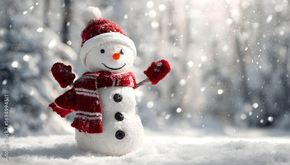 Fototapeta premium A snowy scene with a happy snowman wearing a red scarf