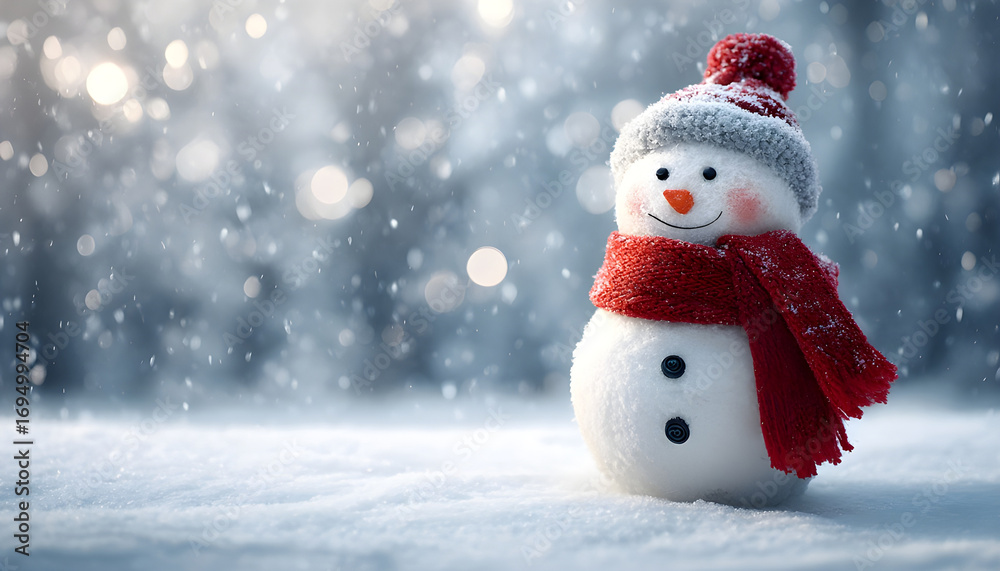Fototapeta premium A snowy scene with a happy snowman wearing a red scarf
