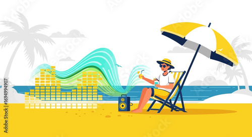 Summer vibes at the beach with music and a refreshing drink, a relaxing getaway illustration