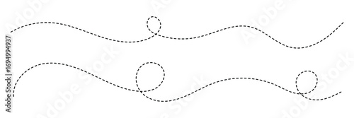 Abstract wavy squiggle dashed line collection. Dotted spiral curve line. Transport dot paths lines. Thin line abstract doted swirl path. Minimal squiggle divider, loopy line vector icon isolated. 