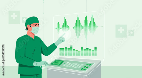 Surgeon examining vital signs on a futuristic display in operating theater during surgery