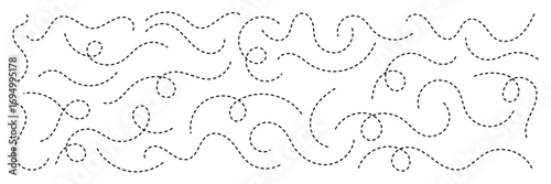 Abstract wavy squiggle dashed line collection. Dotted spiral curve line. Transport dot paths lines. Thin line abstract doted swirl path. Minimal squiggle divider, loopy line vector icon isolated. 