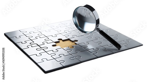 Magnifying glass focusing on a puzzle missing piece.