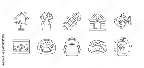 Pet care and animal accessories line icons - Outline icons representing pet supplies and care essentials including birdhouse, paw, dog bone, kennel, fish, aquarium, bed, carrier, bowl, and shampoo.

