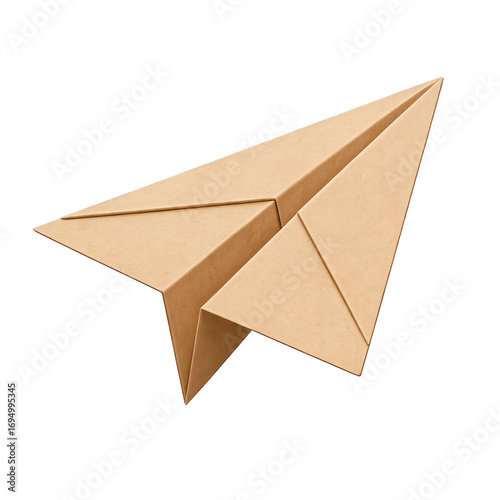 Brown paper origami airplane isolated on a transparent background.