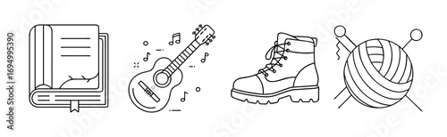 Books music crafts and outdoor hobby line icons - Minimal outline icons featuring an open book, guitar, hiking boot, and yarn ball symbolizing reading, music, crafts, and outdoor hobbies.
