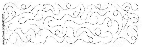 Hand drawn squiggle line. Trip dashed trace destination track path line collection. Long dashed spiral wavy line. Curve dotted line. Border design, traveling symbol, divider element,