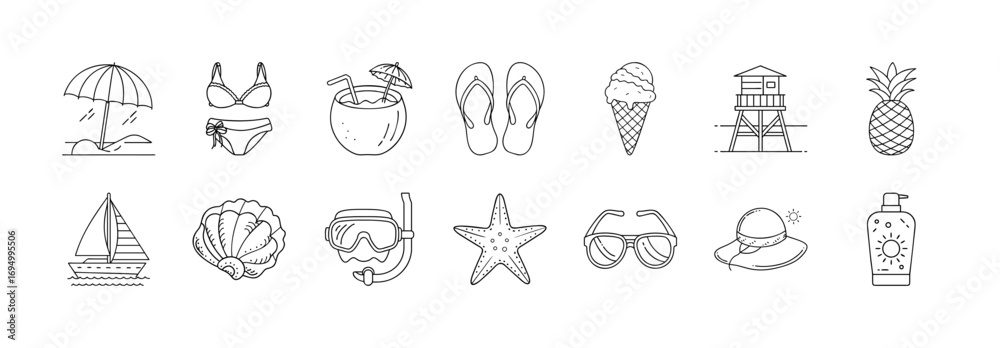 Fototapeta premium Set of beach vacation and summer holiday icons - Line icons illustrating summer travel essentials such as umbrella, bikini, cocktail, flip flops, ice cream, sunglasses, starfish, and sunscreen. 