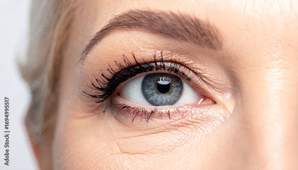 Fototapeta premium Closeup of a Woman's Blue Eye with Fine Lines and Lashes.