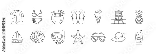 Set of beach vacation and summer holiday icons - Line icons illustrating summer travel essentials such as umbrella, bikini, cocktail, flip flops, ice cream, sunglasses, starfish, and sunscreen.
