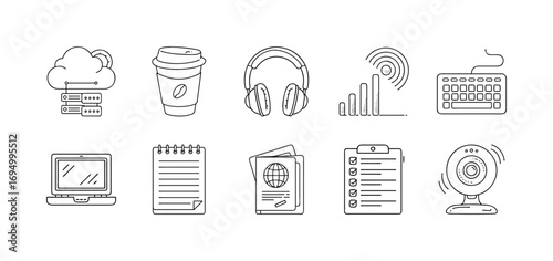 Set of remote work and digital office icons - Minimal line icons showing remote work essentials including cloud storage, laptop, coffee cup, headset, keyboard, and online communication tools.
