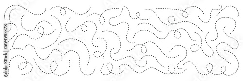 Hand drawn squiggle line. Trip dashed trace destination track path line collection. Long dashed spiral wavy line. Curve dotted line. Border design, traveling symbol, divider element,