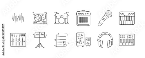 Line icons of music instruments and audio equipment - Collection of outline icons featuring microphone, drum set, speakers, headphones, DJ turntable, sheet music, and equalizer for music and sound