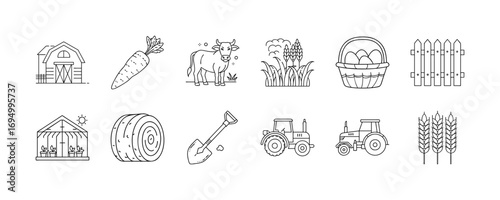 Farming and agriculture icons - Collection of line icons related to farming and agriculture, including barn, carrot, cow, crops, basket of produce, fence, greenhouse, hay bale, shovel, tractors