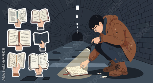 The diligent scholar examines a forgotten book in a mysterious tunnel ambiance