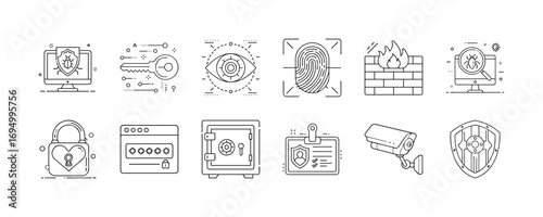Cybersecurity and data protection icons - Set of line icons representing cybersecurity and data protection concepts, including GPS security, key access, eye scanning, fingerprint recognition, firewall