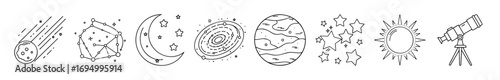 Astronomy and space line icons - Collection of line icons related to astronomy and outer space, featuring a comet, asteroid, moon, galaxy, planet, constellation, sun, and telescope.
