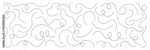 Hand drawn squiggle line. Trip dashed trace destination track path line collection. Long dashed spiral wavy line. Curve dotted line. Border design, traveling symbol, divider element,