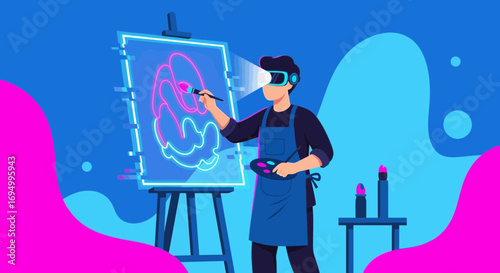 The future of digital art an artist wearing VR glasses creates a glowing painting