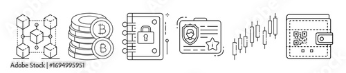 Blockchain and cybersecurity line icons - Set of line icons representing blockchain and cybersecurity concepts, including blockchain network, cryptocurrency, secure database, digital identity, data