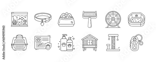 Pet care and accessories line icons - Set of line icons representing pet care and accessories, including aquarium, collar, food bowl, brush, exercise wheel, pet bed, carrier, shampoo, kennel