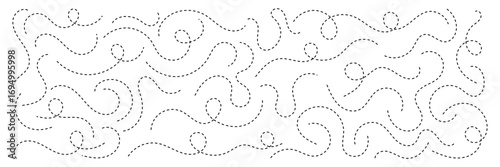 Hand drawn squiggle line. Trip dashed trace destination track path line collection. Long dashed spiral wavy line. Curve dotted line. Border design, traveling symbol, divider element,