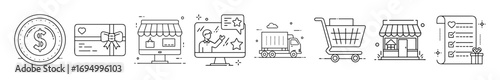 E-commerce and online shopping line icons set - Collection of line icons showing e-commerce, digital payment, shopping cart, delivery, store, and financial transaction concepts for online retail.
