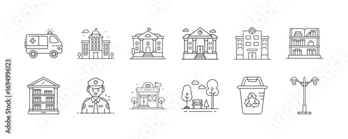 Public services and city infrastructure line icons - Collection of line icons representing public services and city infrastructure including hospital, police, school, recycling, streetlights
