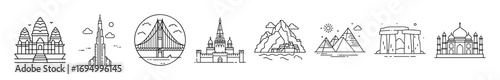 Famous landmarks and world monuments line icons - Set of line icons representing global landmarks and monuments including temples, mountains, bridges, historical ruins, and architectural wonders.

