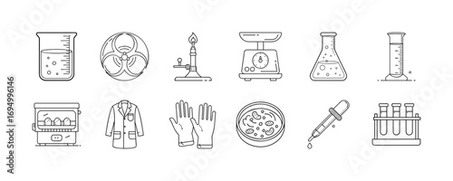 Laboratory science and chemistry equipment line icons - Collection of line icons showing laboratory tools and equipment including beakers, test tubes, gloves, scales, dropper, petri dish, and biohazar