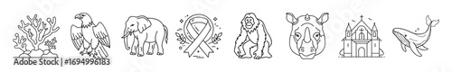 Farm animals and agriculture line icons set - Collection of line icons showing farm animals, barn, crops, and agricultural life symbols including cow, pig, chicken, goat, and produce.
