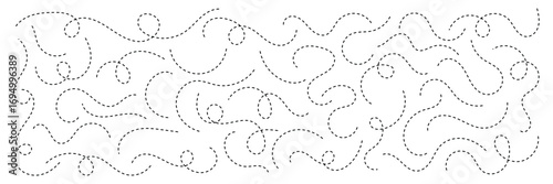 Hand drawn squiggle line. Trip dashed trace destination track path line collection. Long dashed spiral wavy line. Curve dotted line. Border design, traveling symbol, divider element,