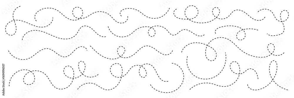 Obraz premium Hand drawn squiggle line. Trip dashed trace destination track path line collection. Long dashed spiral wavy line. Curve dotted line. Border design, traveling symbol, divider element,