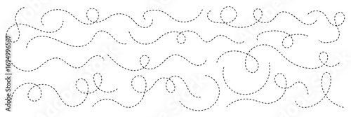 Hand drawn squiggle line. Trip dashed trace destination track path line collection. Long dashed spiral wavy line. Curve dotted line. Border design, traveling symbol, divider element,